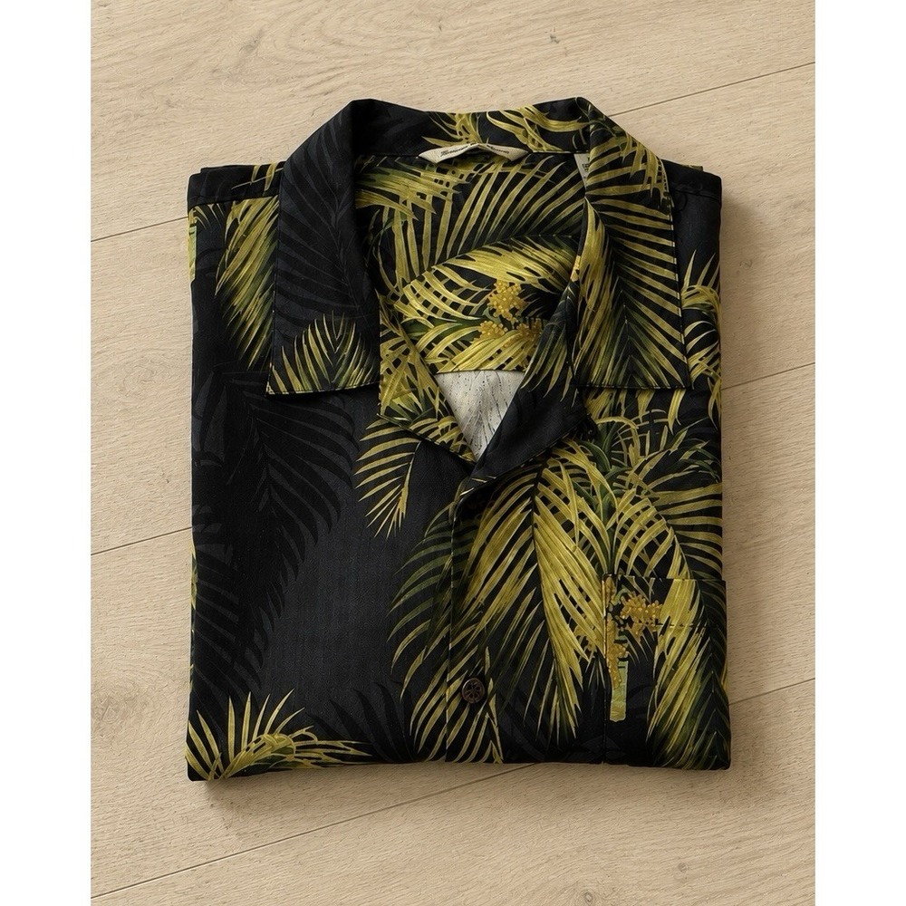 Tommy Bahama Phuket Palm Hawaiian Camp Shirt Mens XL Black Green 100% Silk